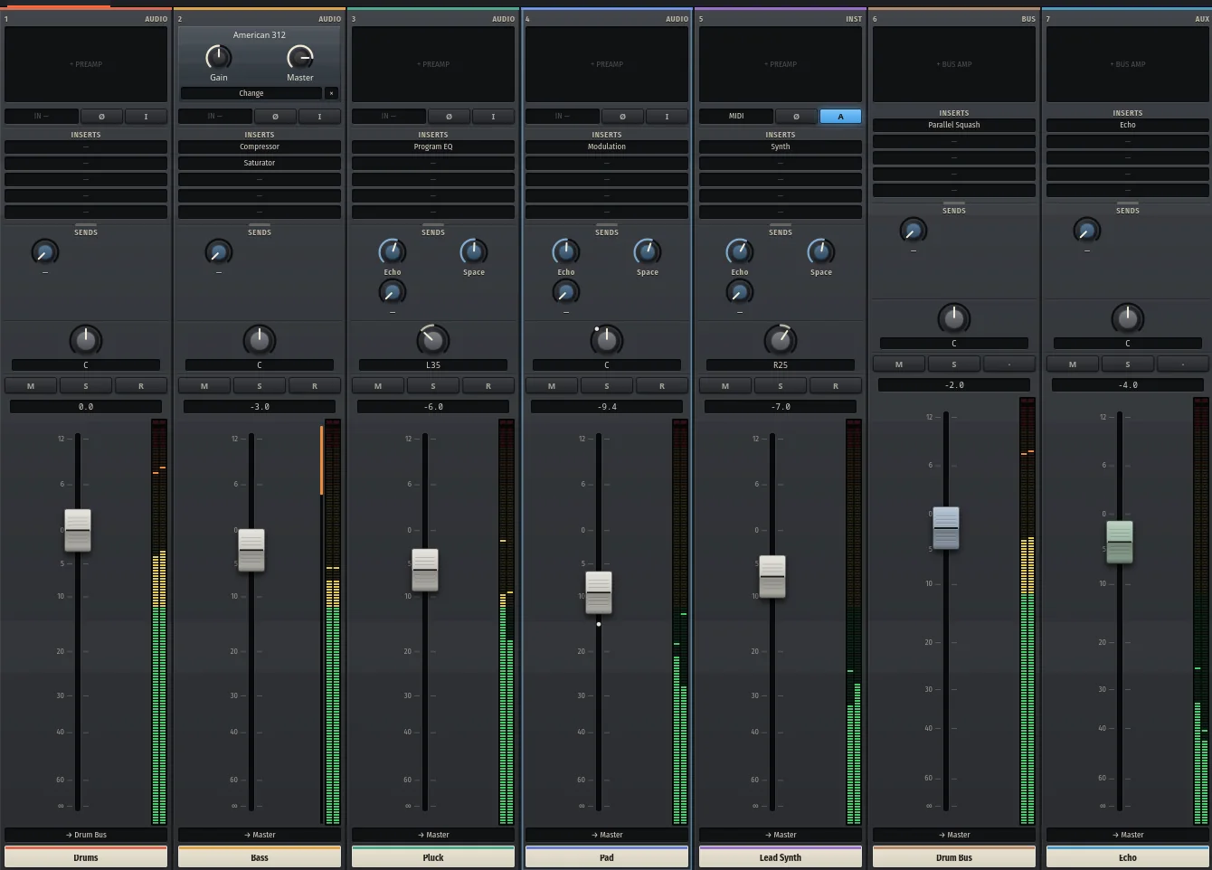FaderFrame's console mixer, seven channel strips side by side: Drums, Bass with an American 312 preamp, Pluck, Pad, Lead Synth, Drum Bus and Echo, each with its inserts, sends, pan, fader and meter.