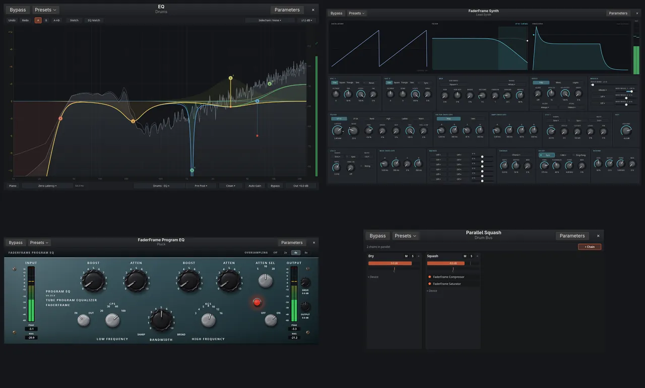 Four device editors: the EQ with dynamic and spectral bands, the Synth, the Program EQ and the Parallel Squash container.
