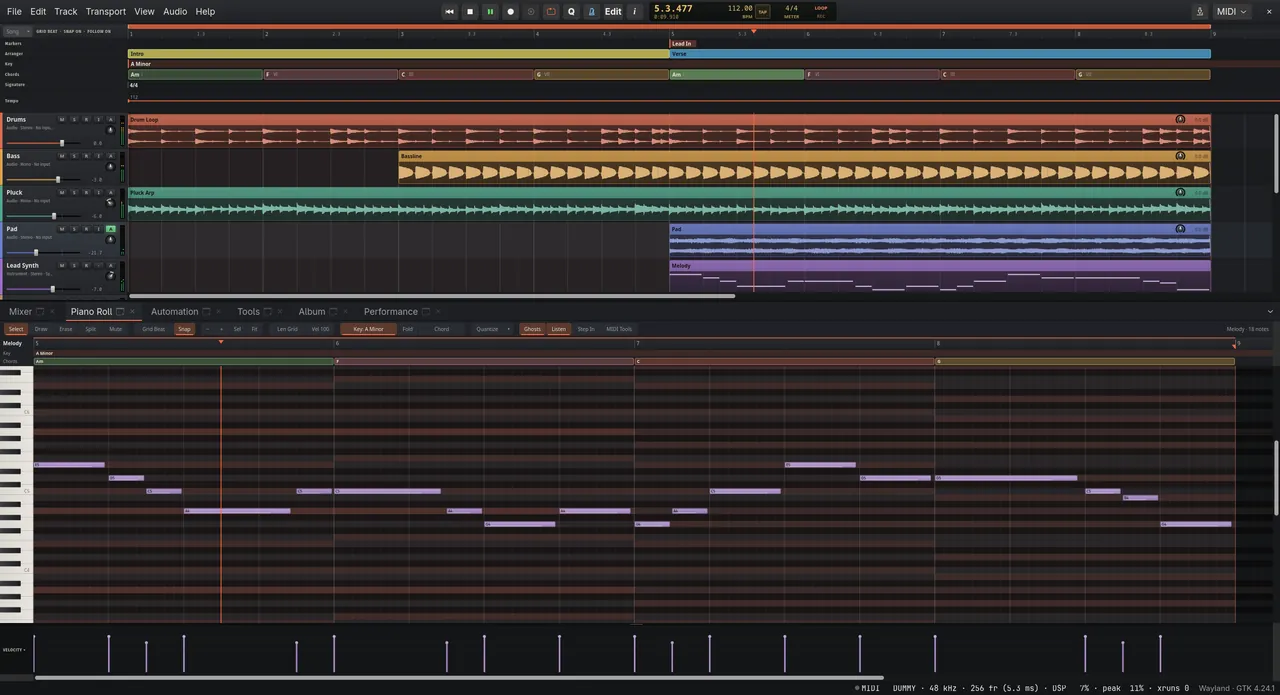 The piano roll editing a synth melody under the key and chord tracks, with the notes of A minor highlighted.