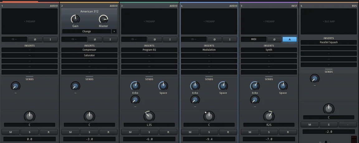 Six channel strips close up: Drums, Bass with an American 312 preamp, Pluck, Pad, Lead Synth and Drum Bus, showing their preamps, inserts, sends, pan and gain.