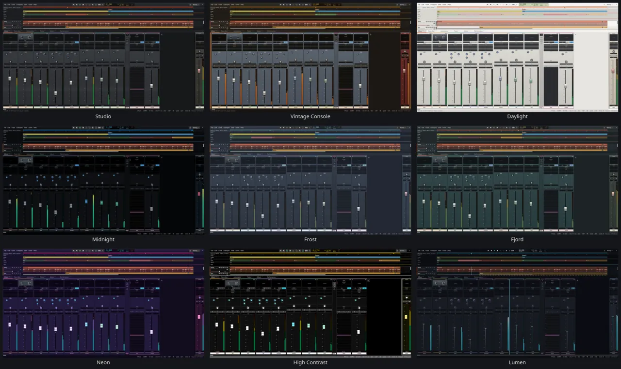 The same demo session in nine skins: Studio, Vintage Console, Daylight, Midnight, Frost, Fjord, Neon, High Contrast and Lumen.