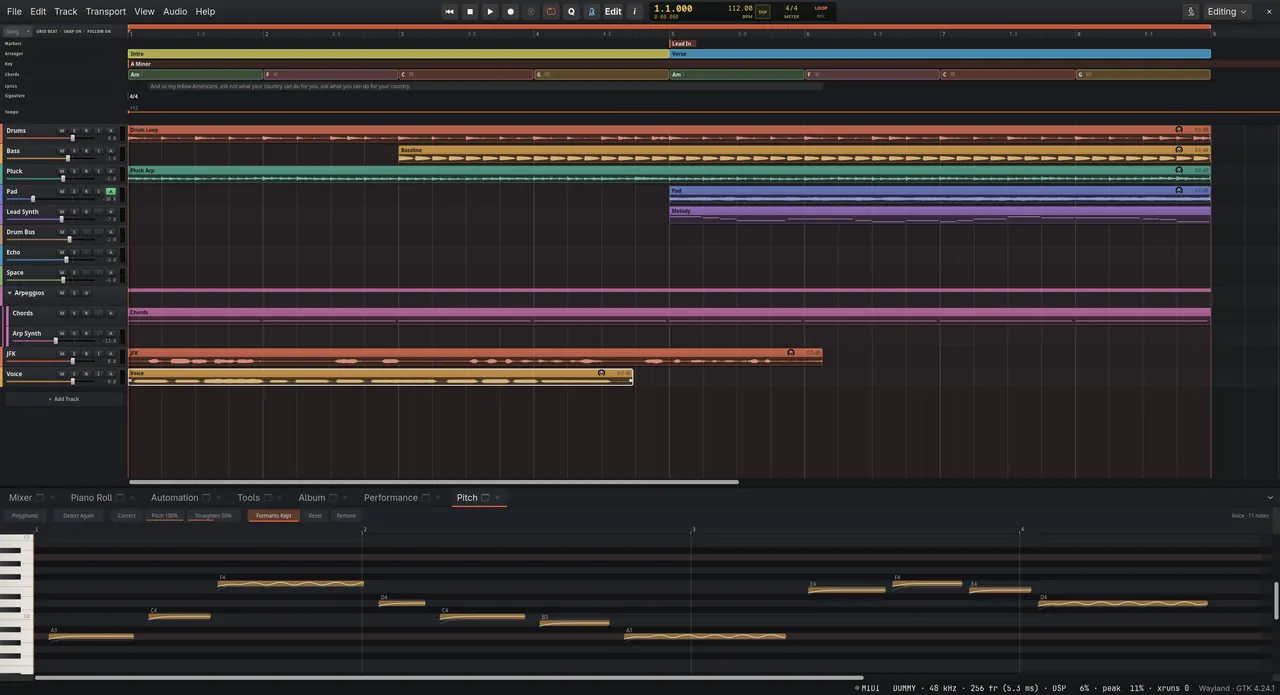 The pitch editor with a sung phrase corrected to the key, and a transcribed speech clip in the Lyrics lane above the tracks.